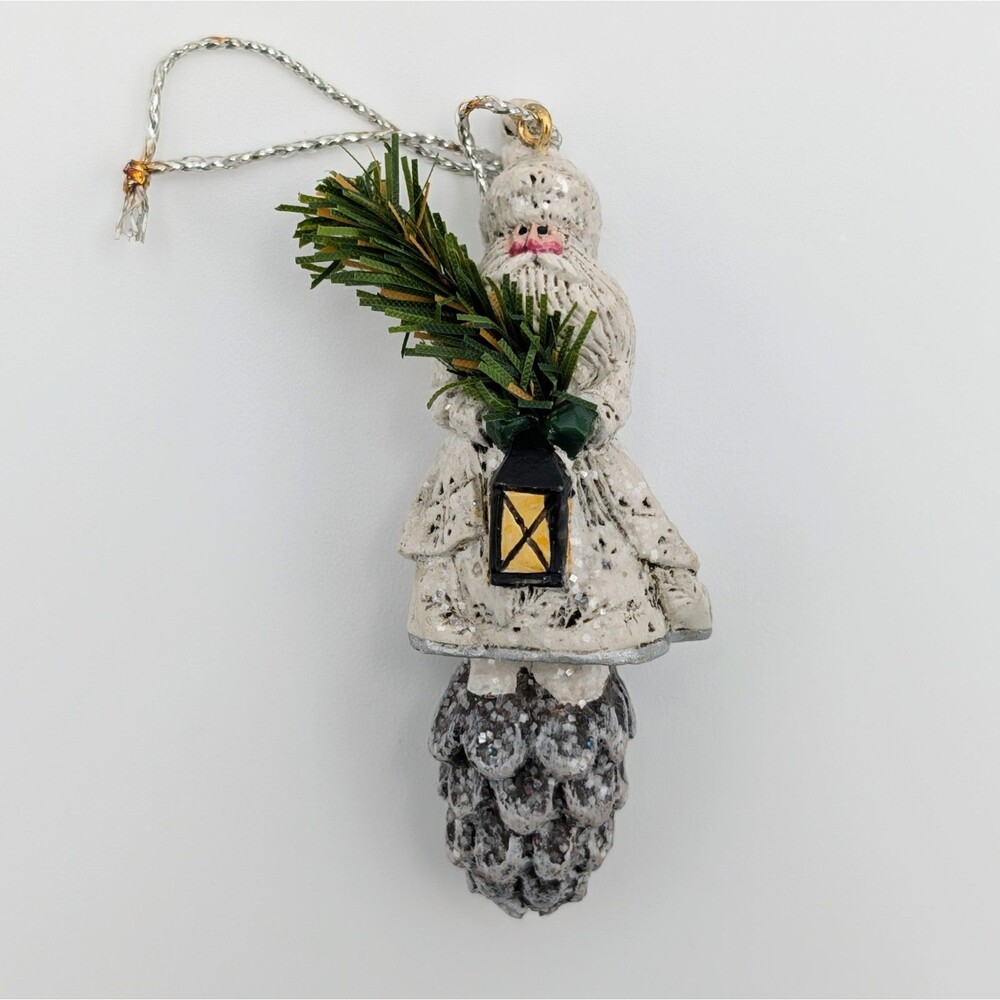 Pam Schifferl Christmas Ornament White Santa Claus Lantern Pinecone Tree Signed